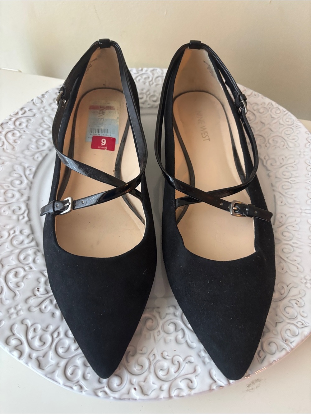 Nine West Black Suede Pointed Toe Ballet Flats with Patent Crisscross Straps